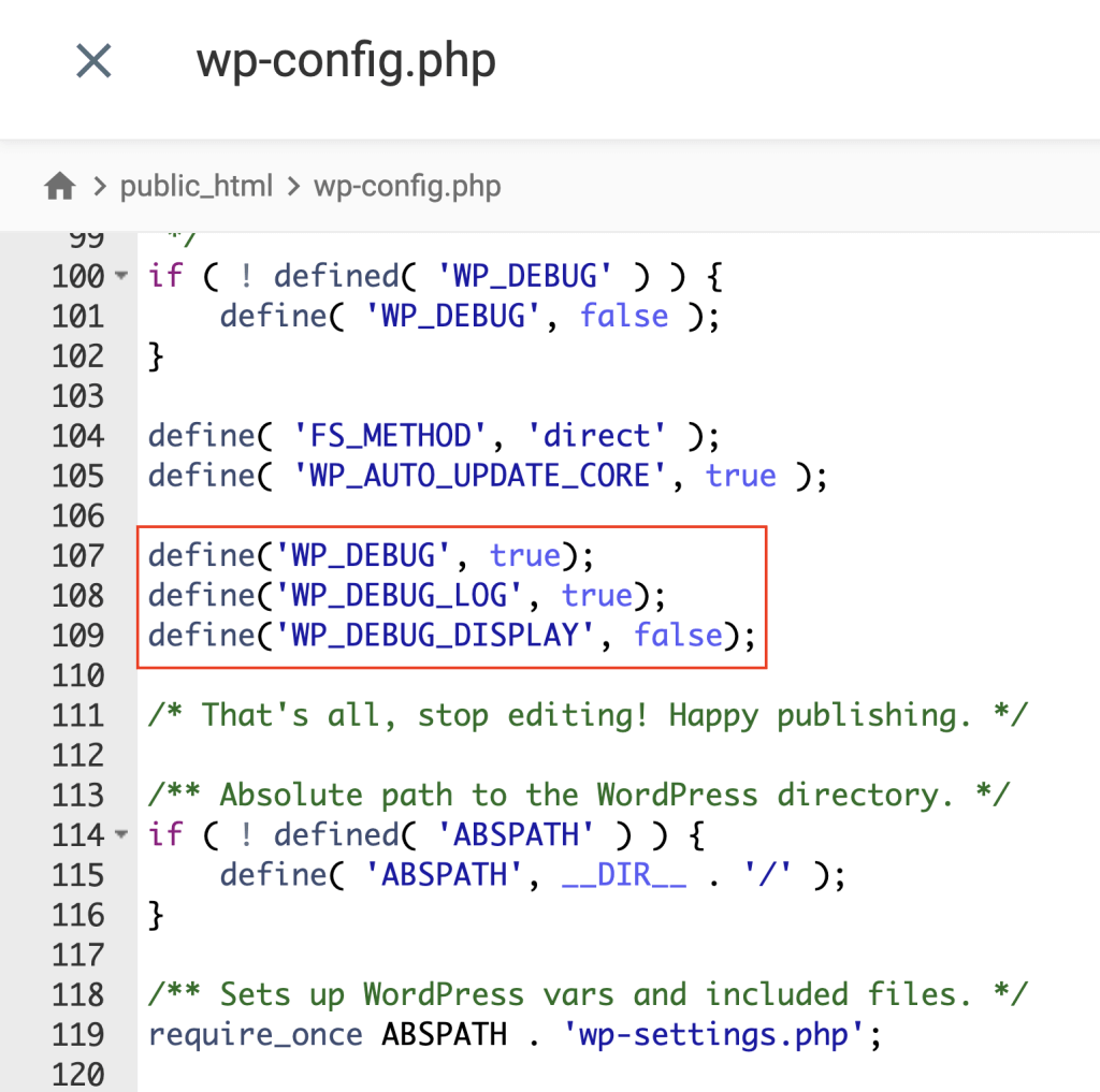 tampilan file wp config di file manager hostinger dengan baris kode WP debug yang disorot