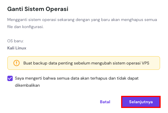 tampilan mengganti sistem operasi di hpanel dengan tombol selanjutnya yang dipilih