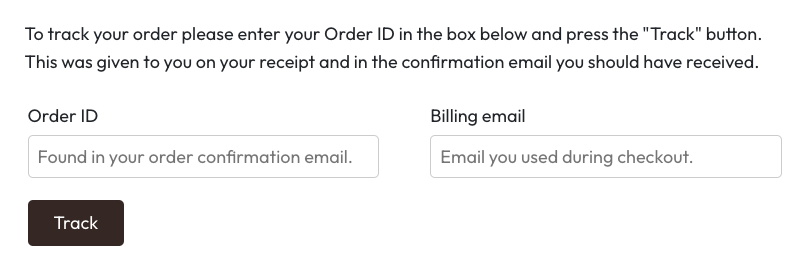 Formulir tracking pesanan WooCommerce ditampilkan menggunakan shortcode [woocommerce_order_tracking]