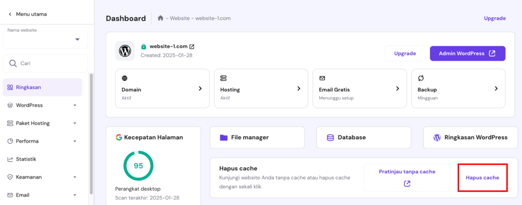 tampilan ringkasan website di hpanel hostinger dengan opsi hapus cache yang dipilih