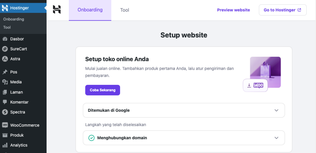 tampilan onboarding hostinger untuk setup woocommerce