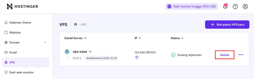 tampilan menu vps di hpanel dengan tombol kelola yang dipilih