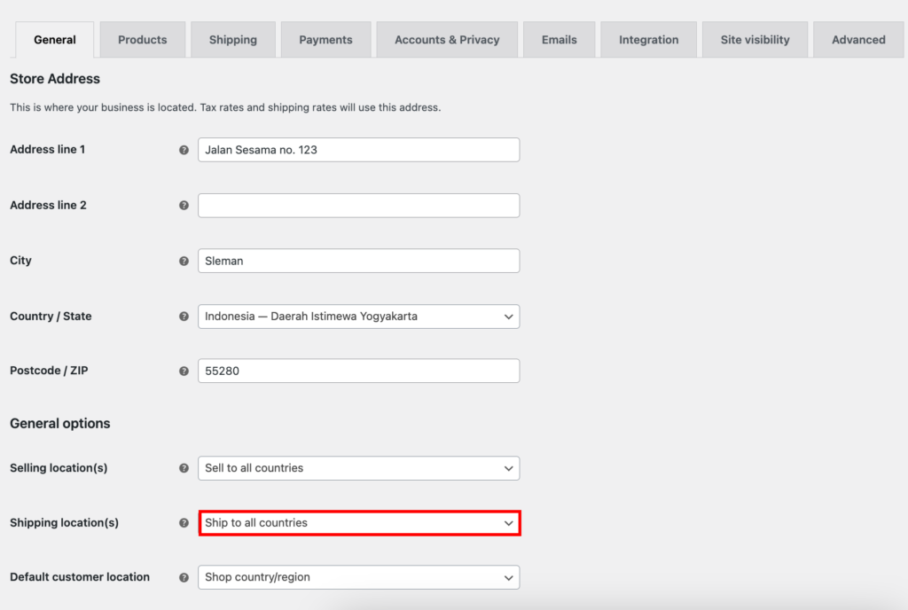 mengatur lokasi pengiriman di woocommerce dengan opsi kirim ke semua negara