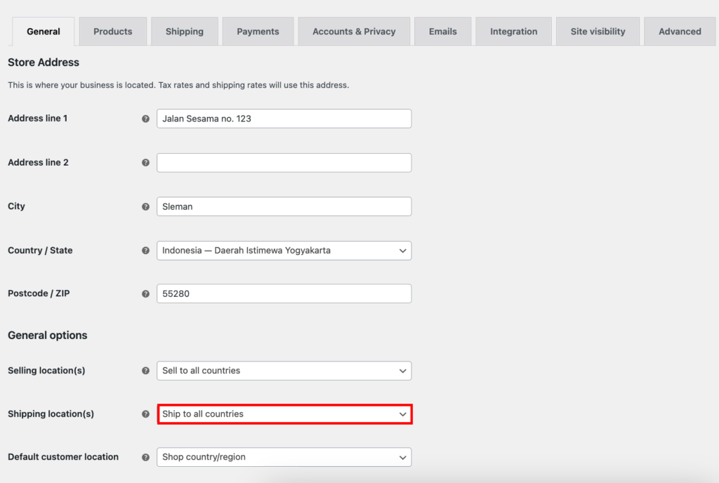 mengatur lokasi pengiriman di woocommerce dengan opsi kirim ke semua negara
