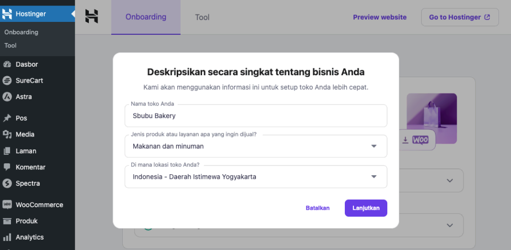 tampilan awal menyiapkan toko di woocommerce