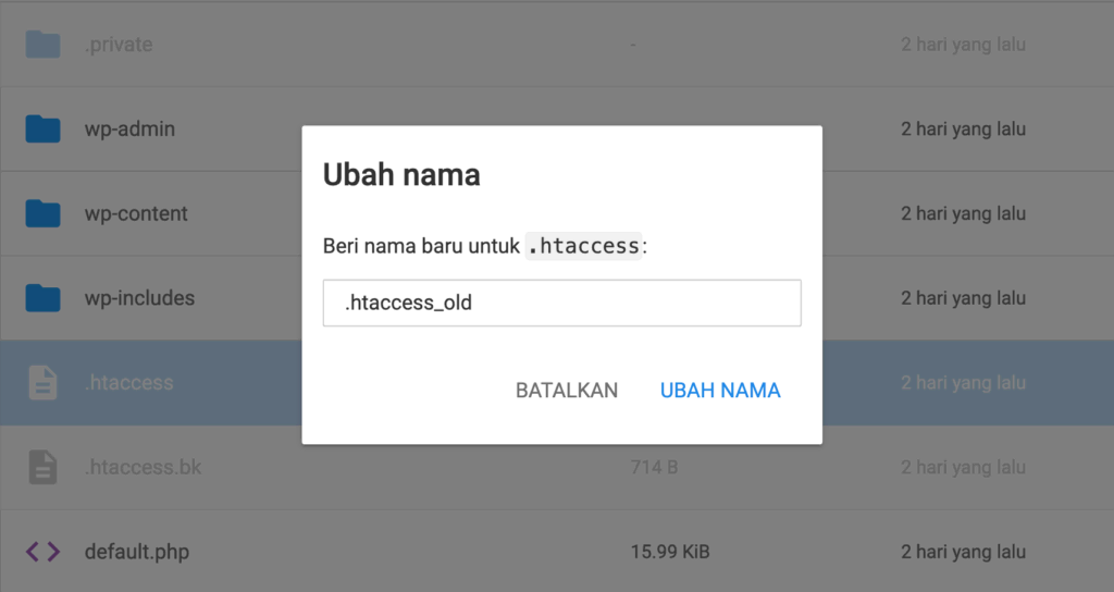 mengubah nama file .htaccess di file manager hostinger