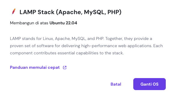 tampilan pop-up untuk install lamp stack ubuntu di hpanel