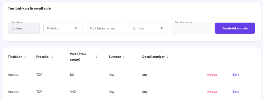 tampilan halaman firewall vps hpanel untuk mengizinkan tcp