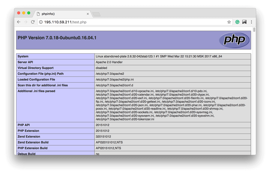 tampilan halaman versi php yang menunjukkan LAMP berhasil terinstal di ubuntu